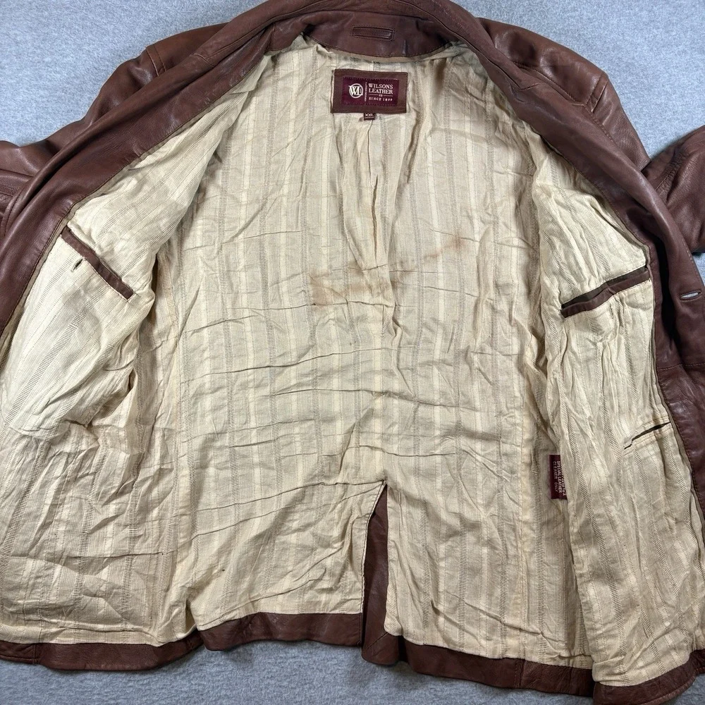 Vintage 90s Wilsons Leather Blazer Jacket Mens XXL Brown 2 Button Car Coat Lined